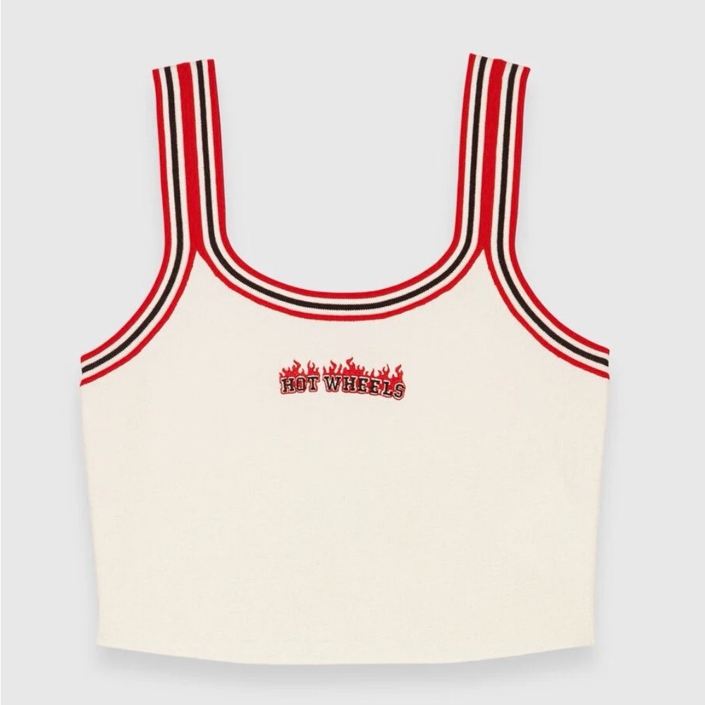 Maje Cream Ribbed Tank with Red and Black Striped Trim